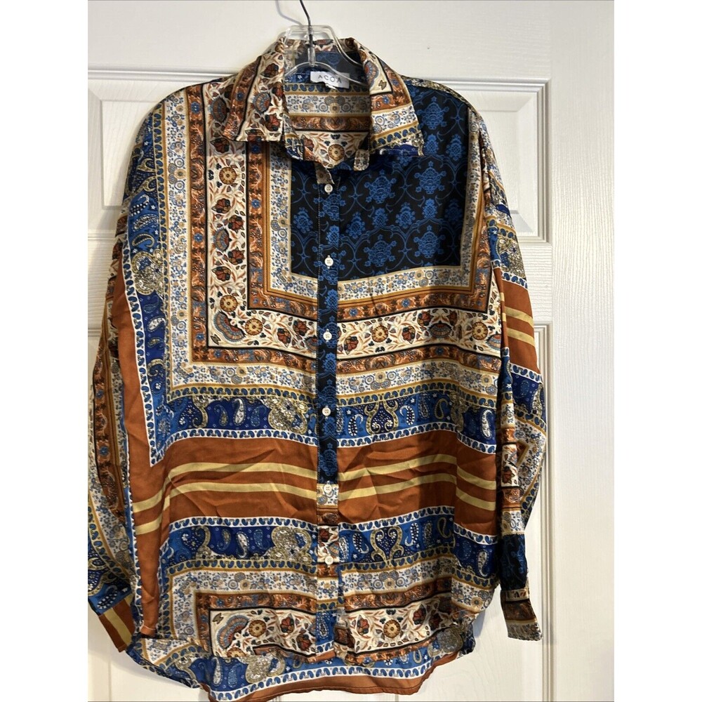 Acoa vintage 90s patterned button up shirt silky long sleeve blouse XS